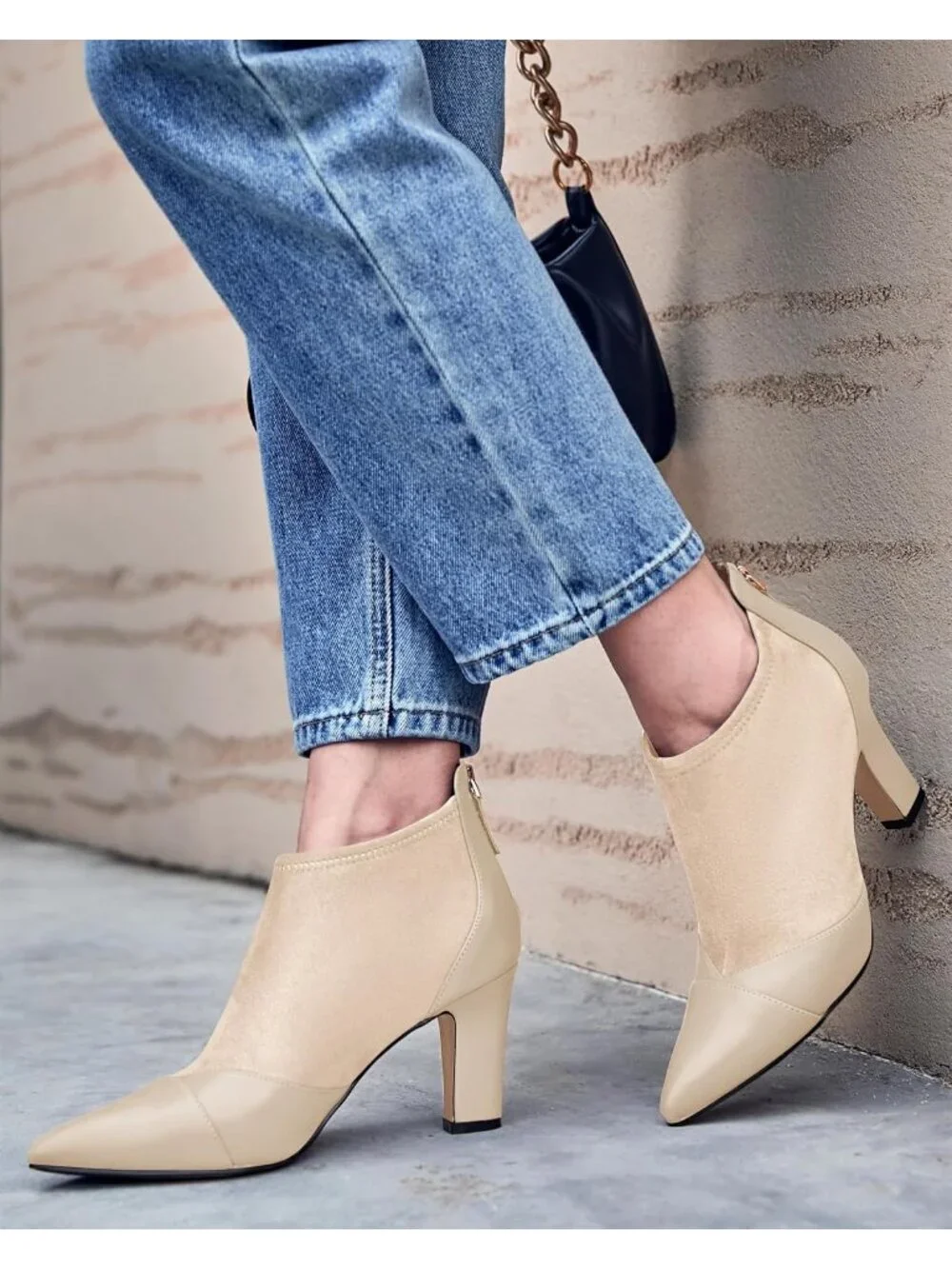 Women's Beige Pointed Toe Stiletto Heel Splicing Back Zipper Ankle Boots